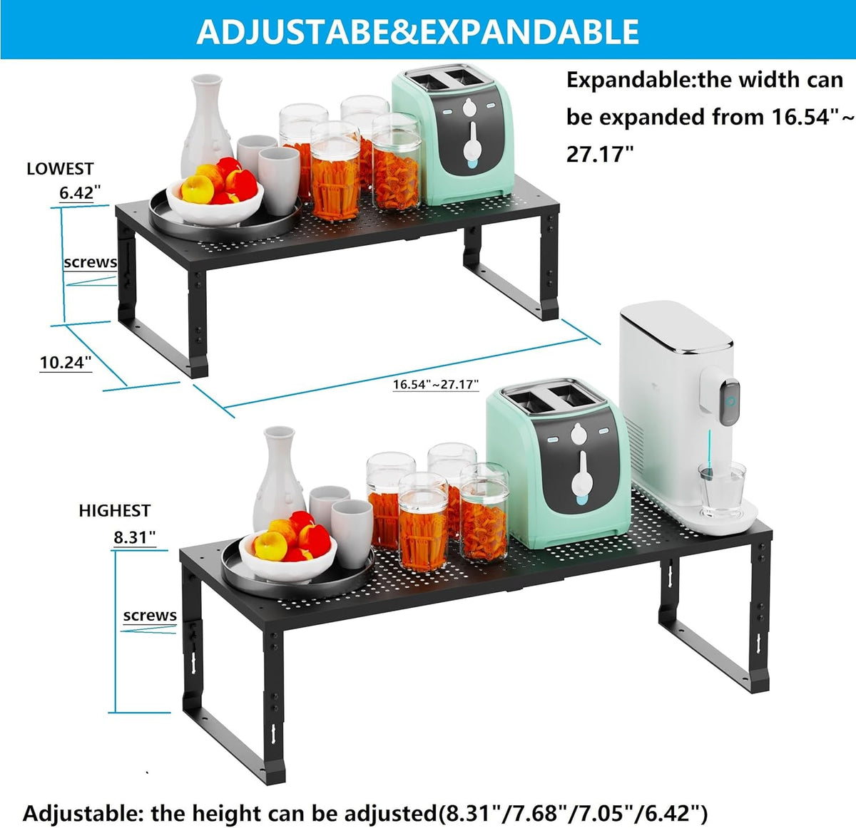 Expandable Spice Rack,Stackable Storage for Cabinet, Multi-Functional Kitchen Shelving,Height-Adjustable,Sustainable Organizer Solution(1Pack/Black/Large)