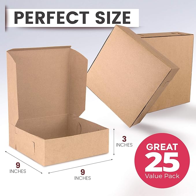 Fit Meal Prep 25 Pack Kraft Bakery Boxes, 9 x 9 x 3 Inches Brown Pastry Boxes, Cardboard Treat Boxes Pie Boxes Cookie Boxes Dessert Boxes for Cupcakes, Chocolates, Donuts, Macarons