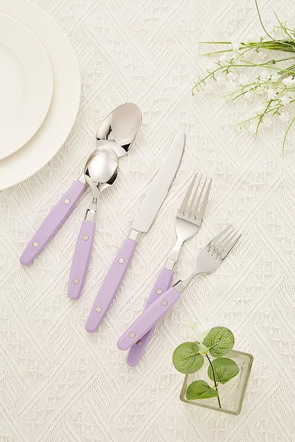 ANNOVA Silverware Set, Retro/Rivet Colorful Stainless Steel Tableware Kitchen Flatware Set Utensils, Includes Dinner Knives, Forks, Spoons, Salad Forks & Dessert Spoons (Lilac, 20 Pieces)