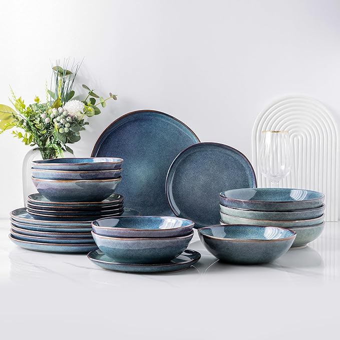 AmorArc Ceramic Dinnerware Sets,Handmade Reactive Glaze Stoneware Plates and Bowls Set,Highly Scratch Resistant | Dishwasher & Microwave Safe,Service for 4 Dishes Set - Reactive Blue(12pc)
