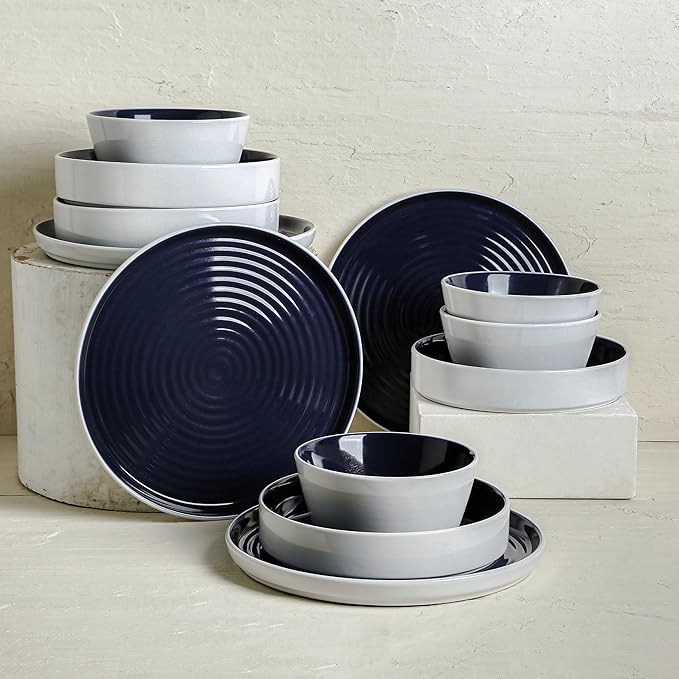 Stone Lain Elica 24-Piece Modern Dinnerware Set Stoneware, Plates and Bowl Sets for 8, Navy and White