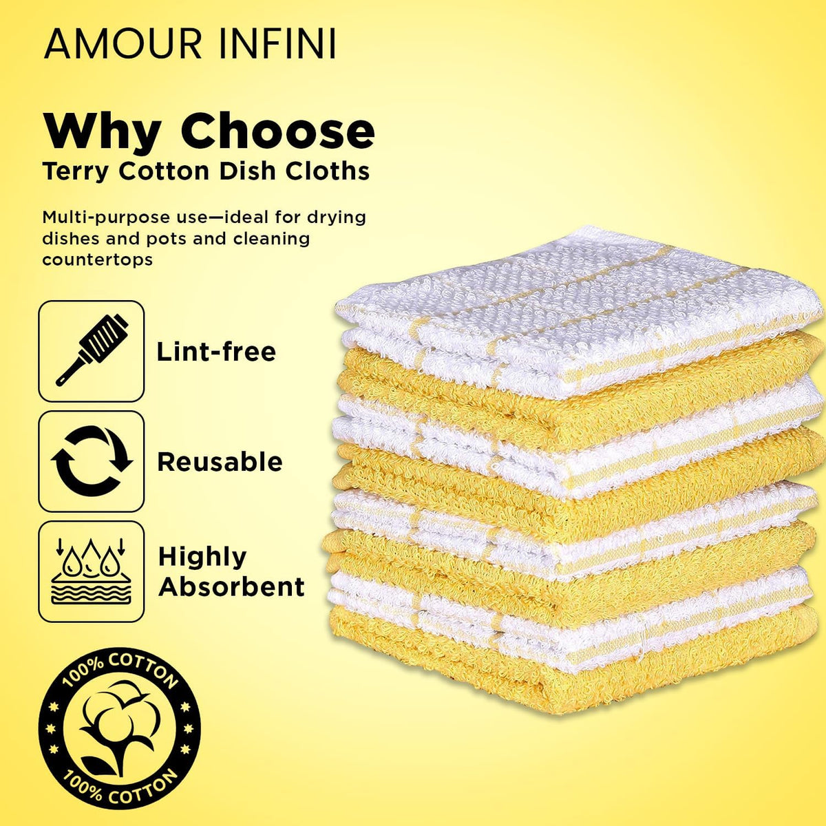 AMOUR INFINI Cotton Kitchen Dish Cloths Set of 8 – Highly Absorbent, Super Soft Premium Terry Cleaning Cloth (12"x12" Inch) Premium Dishcloths for Washing Dishes (Yellow)