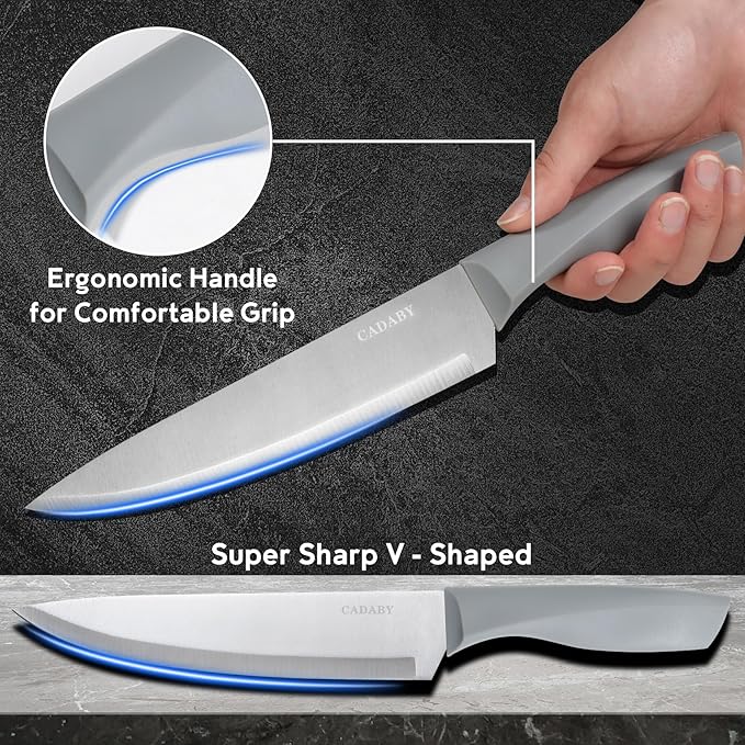 19 PCS Kitchen Cooking Utensils Set, 11 Pieces Silicone Cooking Utensils Set 6 Pieces Sharp Stainless Steel Gray Knife Set with 1 Piece Cutting Board, Ideal for Apartment