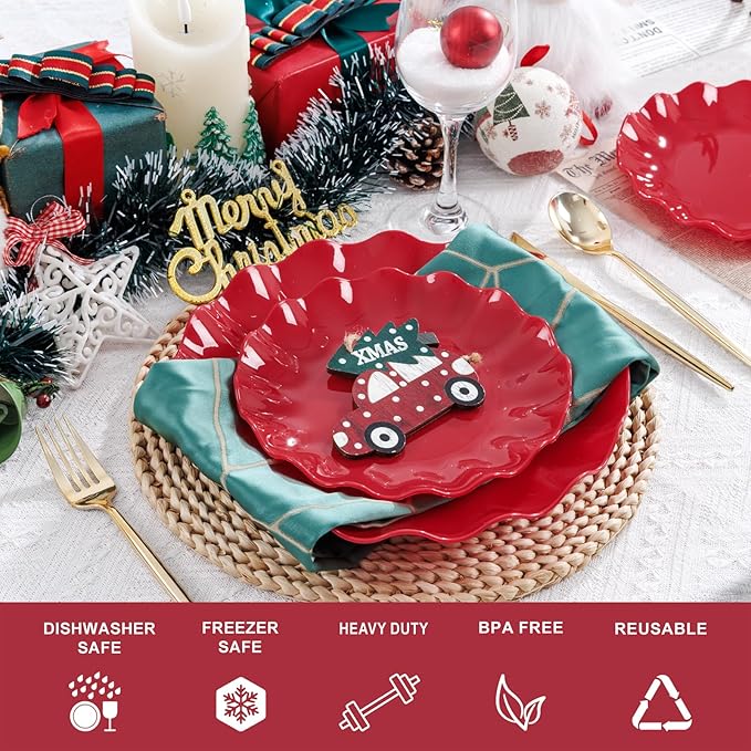 LIYH 50 Pcs Red Plastic Plates Reusable Christmas Plastic Plates Unbreakable Holiday Dinnerware Set Scalloped Plate for Christmas Day,Dishwasher Safe BPA Free (25Guests)