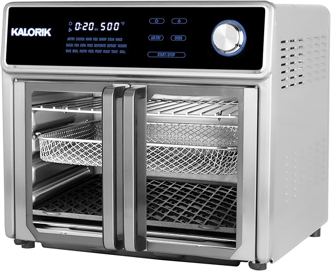 Kalorik Air Fryer Oven Grill MAXX Series 26-Quart with Smokeless Sear Technology Digital Controls Easy-View Door and 22 Smart Cooking Presets, Includes Cooking Accessories, 1700-Watts, Stainless Steel