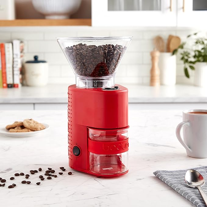 Bodum Bistro Electric Conical Burr Coffee Grinder, Preset Timer, 12 Grind Settings, Red
