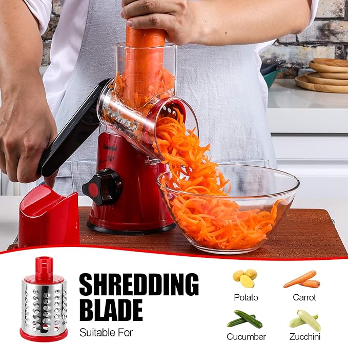Geedel Rotary Cheese Grater, Kitchen Mandoline Vegetable Slicer with 3 Interchangeable Blades, Easy to Clean Grater for Fruit, Vegetables, Nuts