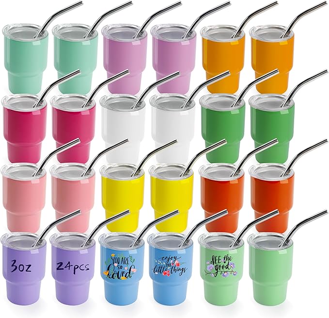 Joyclub 3 oz Mini Tumbler Shot Glass with Straw and Lid 24 Pack Colored Stainless Steel Sublimation Shot Tumblers Mini Cup for Wedding Party Whiskey Favors