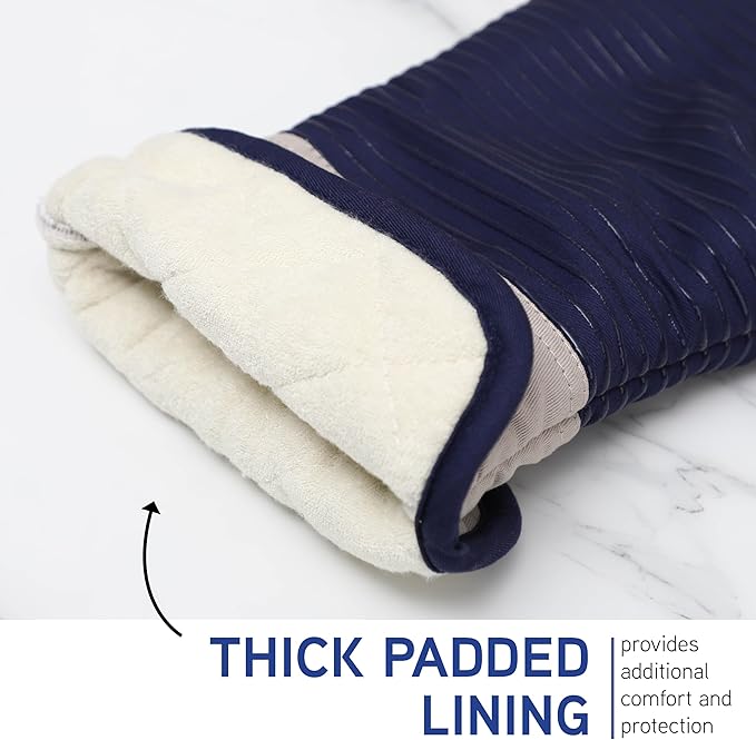 COOK WITH COLOR Silicone Oven Mitts- Heat Resistant Gloves with Soft Quilted Lining Oven Mitt Pot Holders for Cooking and BBQ, Navy, Material Mitt Set