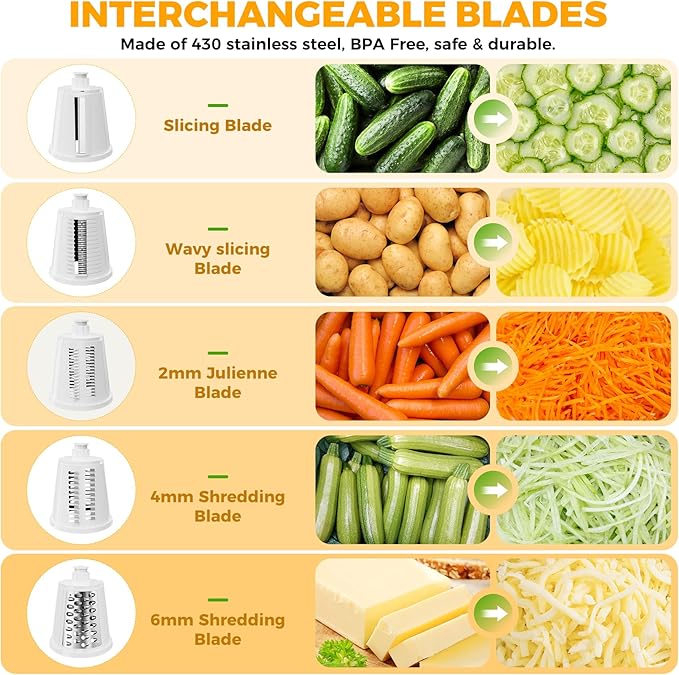 7 IN 1 Upgraded Rotary Cheese Grater with Handle – Vegetable Shredder with Built-in Storage Blade Slot, 5 Versatile Blades, Strong Suction Base Round Mandoline Slicer, Food Chopper for Kitchen