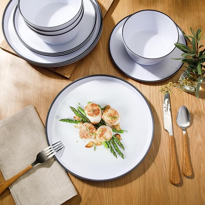 Gibson Home Folsom Shores 12 Piece Unbreakable Modern Melamine Plates and Bowls Dinnerware Set - Outdoor, Camping, & Everyday Use - White W/Black Rim