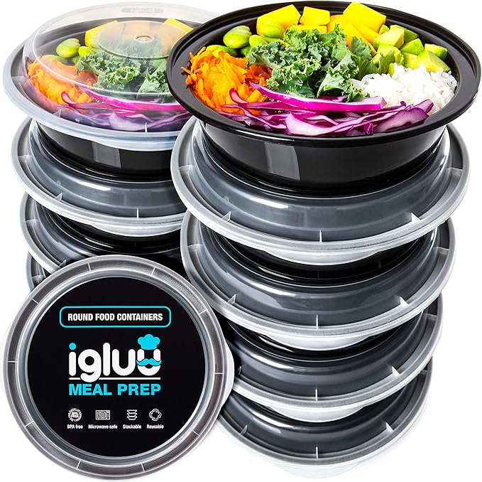 Igluu Meal Prep Containers Reusable (10 Pack) – Round Food Containers with Lids – Stackable, Microwave, Freezer & Dishwasher Safe – 28oz – 1 Compartment – BPA-Free