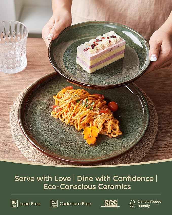 Stoneware Dinnerware Sets Service for 4, 12 pcs Reactive Glaze Plates and Bowls Sets, Handmade Ceramic Dish Set, Highly Chip and Crack Resistant Modern Plate Set, Brown Green