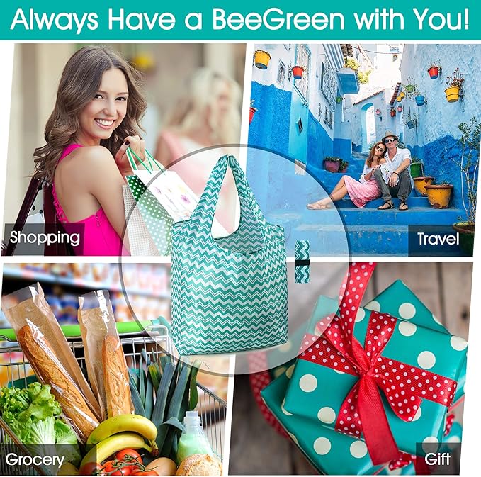 BeeGreen Reusable Grocery Bags Lightweight Durable Shopping Bags Washable Foldable 12 Pack Xlarge Classic Geometric Design Gift Tote Grocery Bags with Elastic Band and Separated Zipper Storage Pouch