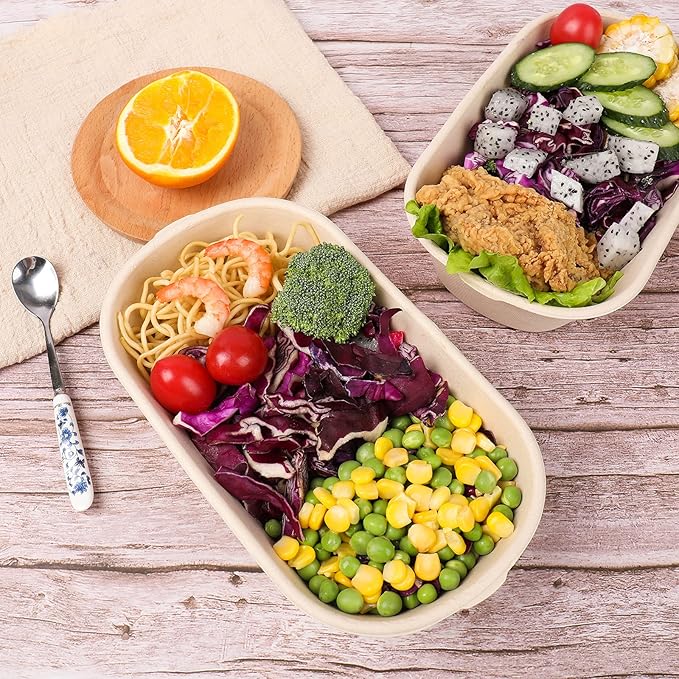 34 oz Disposable salad bowls with lids, Sugarcane Fiber Paper Bowls take away food containers meal prep food storage deli container 50 Pack