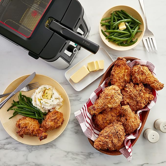 T-fal Deep Fryer with Basket, Electrics Stainless Steel 3.5 Liter Oil Capacity, 2.6 Pound Food Capacity 1800 Watts Easy Clean, Temp Control, Digital Timer, Oil Filtration, Dishwasher Safe Parts Silver