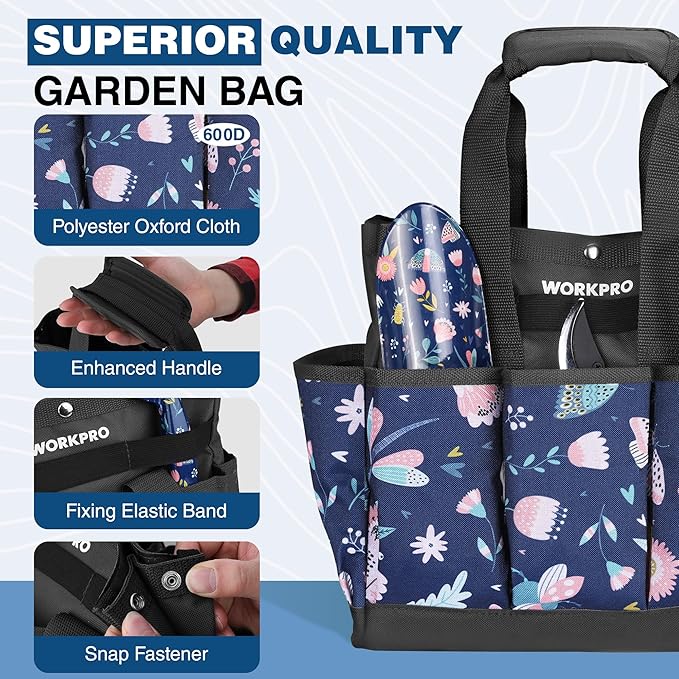 WORKPRO 5PCS Garden Tool Set, Aluminum Heavy Duty Gardening Tool Set with Garden Tool Bag, Outdoor Garden Hand Tools, Blue Insect and Flower