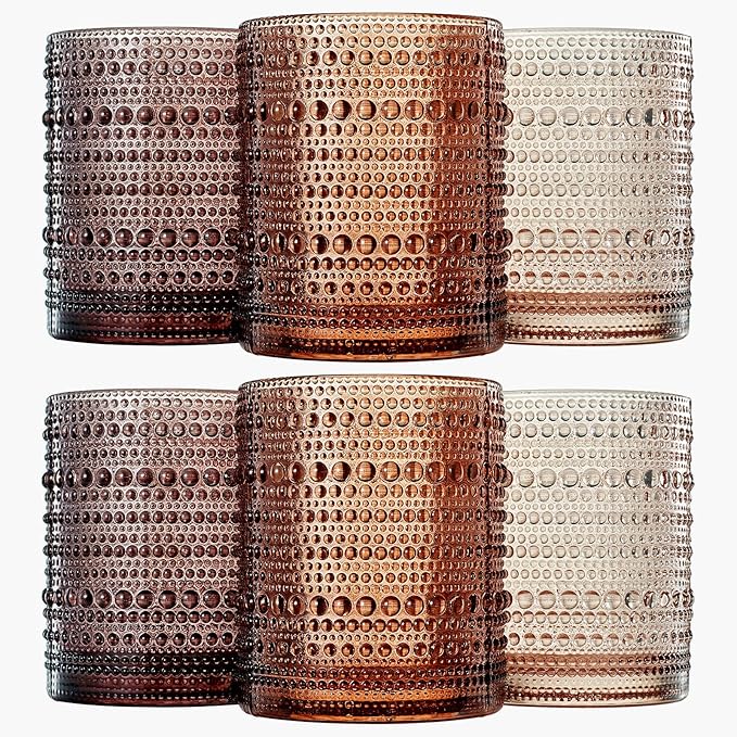 Khen Hobnail Beaded Highball Drinking Tumbler Glasses | Set of 6 | Color, Vintage Bubble Design Whiskey Glassware, Old-Fashioned, Embossed Design for Water, Wine, Cocktail Embossed, Rocks Glass