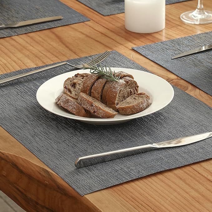 Leetaltree Denim Blue Placemats Set of 8 - Heat Resistant Non-Slip Place mats for Dining Table, Washable Durable PVC Vinyl Woven Table Mats（Denim Blue, 8）
