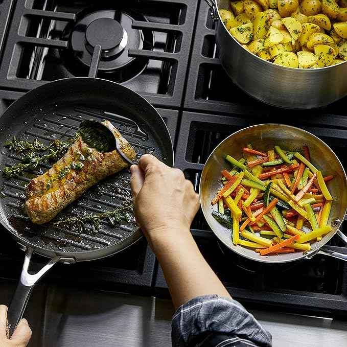 KitchenAid 3-Ply Base Brushed Stainless Steel Induction Pots and Pans Set with Nonstick Round Grill Pan and Lids, Dishwasher Safe, 10 Piece Cookware Set, Brushed Stainless Steel