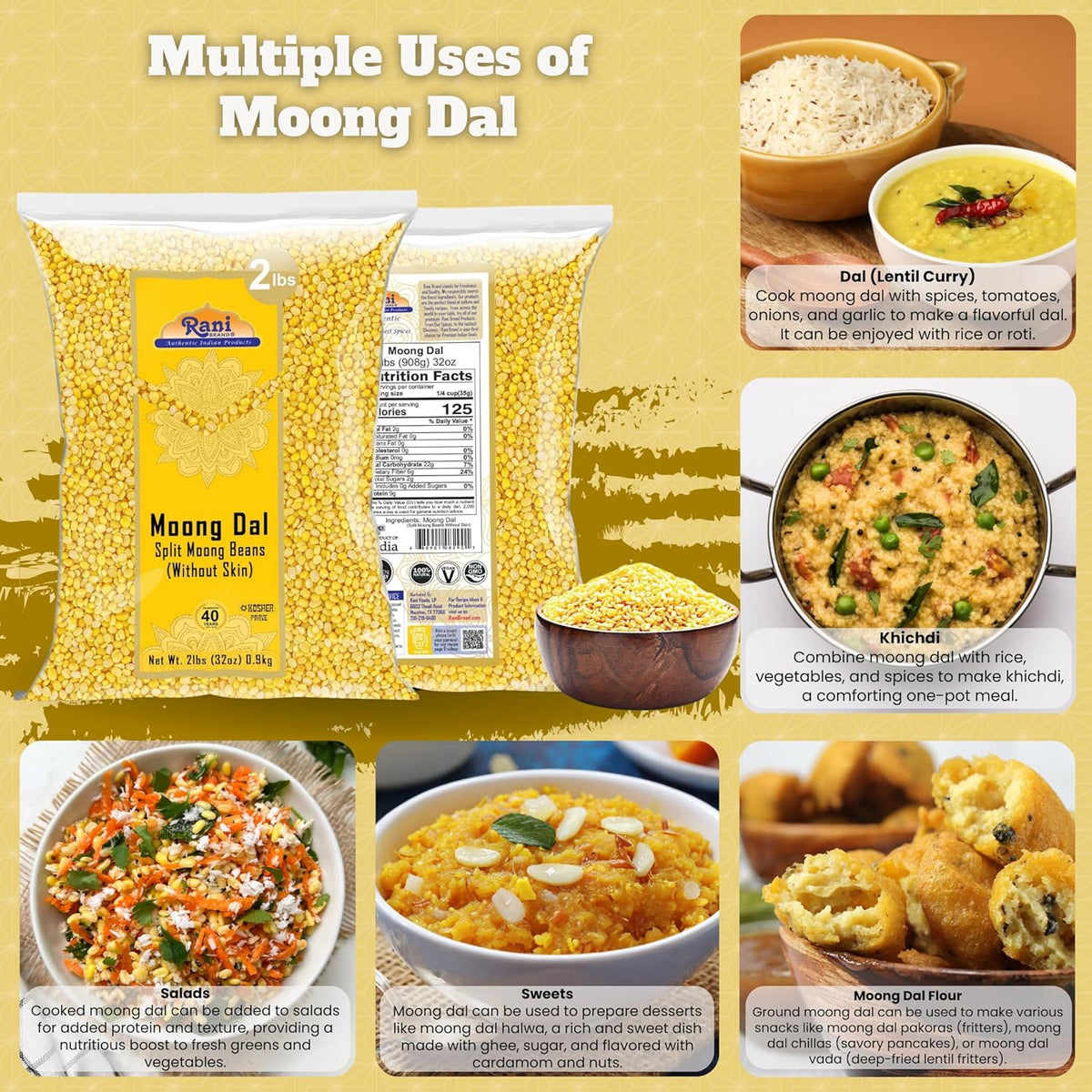 Rani Moong Dal (Split Mung Beans Without Skin) Lentils Indian 32oz (2lbs) 908g ~ All Natural | Gluten Friendly | Non-GMO | Kosher | Vegan | Indian Origin