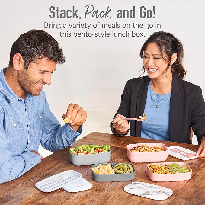 Bentgo Classic - Adult Bento Box, Stackable 3-Compartment Lunch Box with Removable Utensil Set and Sealing Strap, BPA-Free, Food Container Ideal for Meal Prep, Work, and On the Go (Gray)