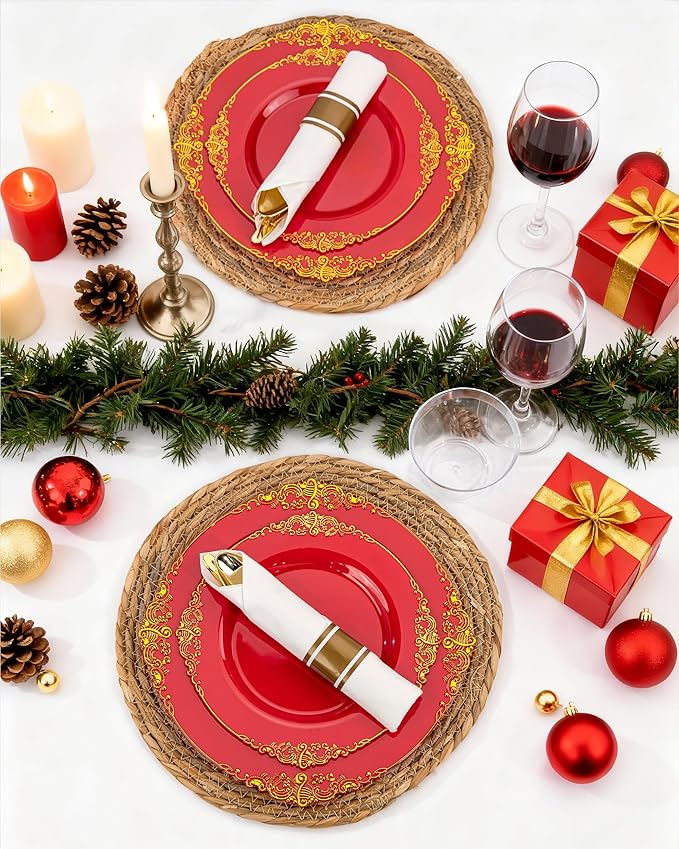 Nervure 350PCS Red Plastic Plates - Red Gold Plastic Dinnerware Sets for 50 Guests - 100 Gold Disposable Plates, 50 Pre Rolled Silverware Sets, 50 Cups Perfect for Wedding & Party & Christmas