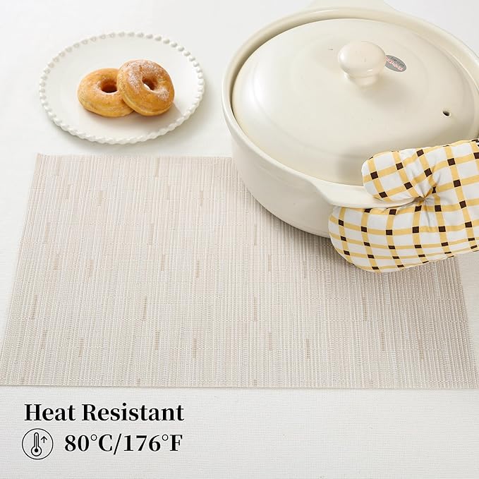 Leetaltree Pale Beige Placemats Set of 6 - Heat Resistant Non-Slip Place mats for Dining Table, Washable Durable PVC Vinyl Woven Table Mats（Pale Beige, 6）