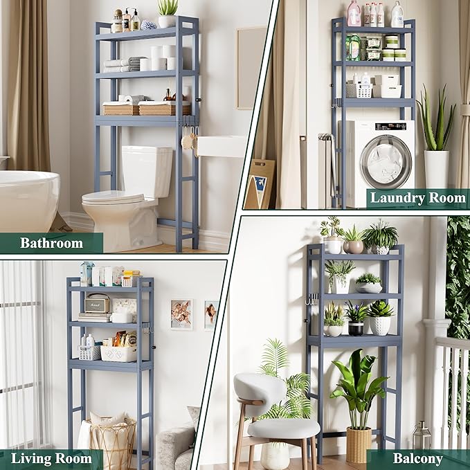 Smiry Over The Toilet Storage Cabinet, 3-Tier Bamboo Bathroom Organizers with Adjustable Shelf & 4 Hooks, Space Saving Shelf Rack for Bathrooms, Laundry Room, Balcony, Grey