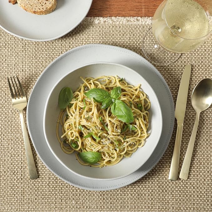 Gibson Elite Menlo Park 16-Piece Pottery Clay Stoneware Dinnerware Set – White Reactive Glaze, Embossed Plates and Bowls W/Pasta Bowl, Service for 4 – Microwave & Dishwasher Safe