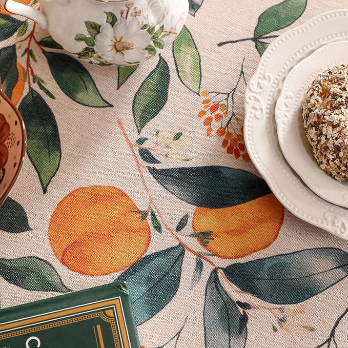 patdrea Designer Vintage Linen Long Rectangle Table Cloth,Framhouse Oranges and Leaves Pattern French Tablecloth,Fall Decor Cover for Kitchen Dining Christmas,Thanksgiving,63"x94"-Palladin a