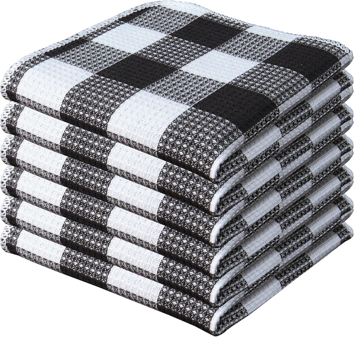 PurpleEssences Waffle Weave Plaid Dish Cloths, 100% Cotton - 12 x 12 Inches, Ultra Soft Absorbent Quick Drying Dish Towels Buffalo Check Dish Rags for Kitchen, 6 Pack - Spring Summer- Black and White