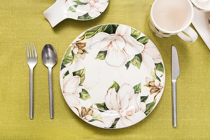 Bico Magnolia Floral Dinner Plates Set of 4, 11 Inch Large Ceramic Plates for Pasta, Steak, Stylish Serving Dishes, Microwave and Dishwasher Safe, Gift for Housewarming and Thanksgiving
