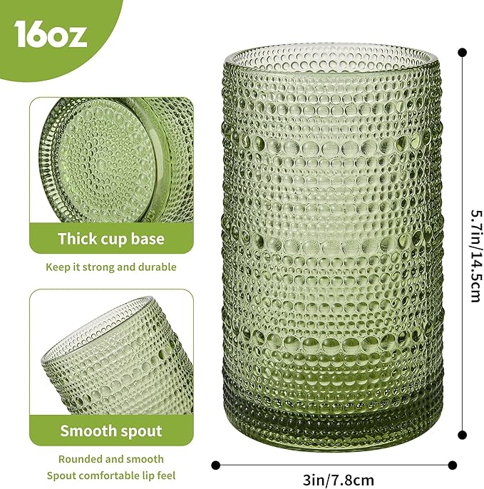 Vintage Glassware Drinking Glasses Set of 6,16oz Hobnail Glass Cups,Embossed Green Water Tumbler,for Cocktail, Juice, Whiskey, Milk and Various Mixed Drinks