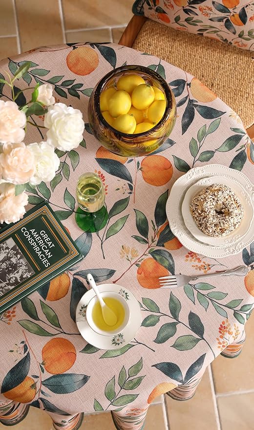 patdrea Designer Linen Round Table Cloth,Vintage Framhouse Oranges and Leaves Pattern Tablecloth,Decor Table Cover for Kitchen Dining Christmas,Thanksgiving,Tea Party,Diameter 67"-Palladin a