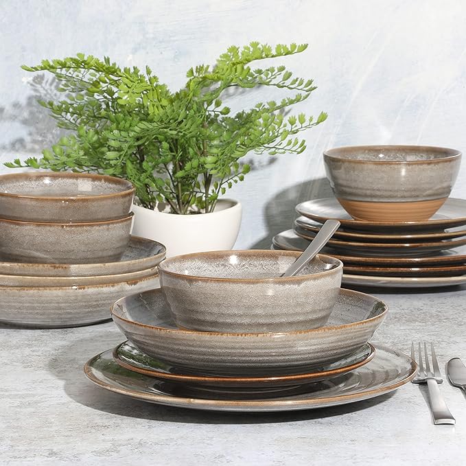 Gibson Elite Dreamweaver Double Bowl Terracotta Reactive Dinnerware Set - Grey, Service for 4 (16pcs)