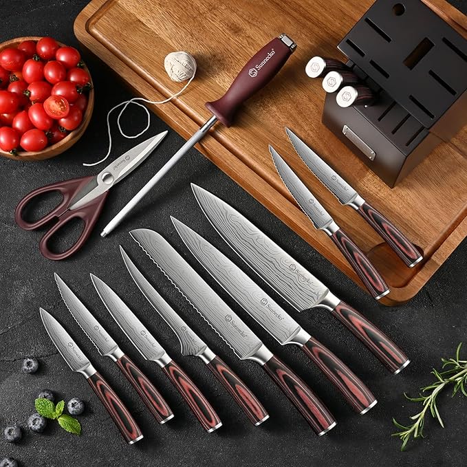 Sunnecko Knife Set with Block and Sharpener, 15 PCS Kitchen Knife Block Set Sharp Kitchen Knives High Carbon Stainless Steel with Pakkawood Handles