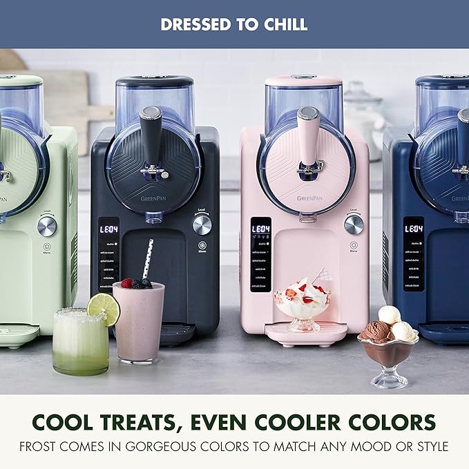 GreenPan Frost Ice Cream Maker & Slushie Machine, Soft Serve, Sorbet, Margaritas, Milkshakes, Frozen Yogurt, No Pre-Freezing, Ready in 15 Mins, 6 Modes, 7 Textures, Self-Cleaning, Family Size, Blue
