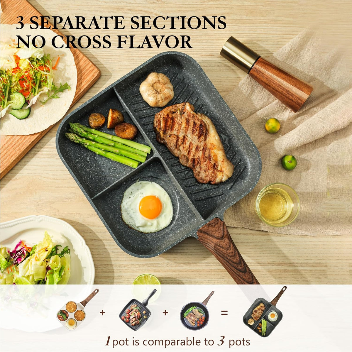 Sensarte Nonstick 11-Inch Square Grill Pan, 3-Section Versatile Breakfast Skillet, Die-cast Aluminum, PFOA, PFOS, APEO Free, Induction, Gas, Electric, Glass, Ceramic