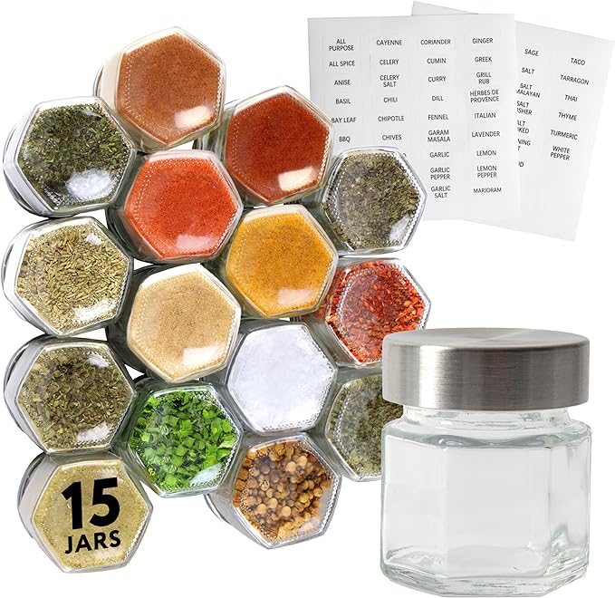 IMPRESA Hexagon Magnetic Spice Jars - Pack of 15-1.74 Oz Strong Magnetic Seasoning Containers - Space-Saving Honeycomb Spice Jars - Airtight Glass Storage Containers with Steel Lids