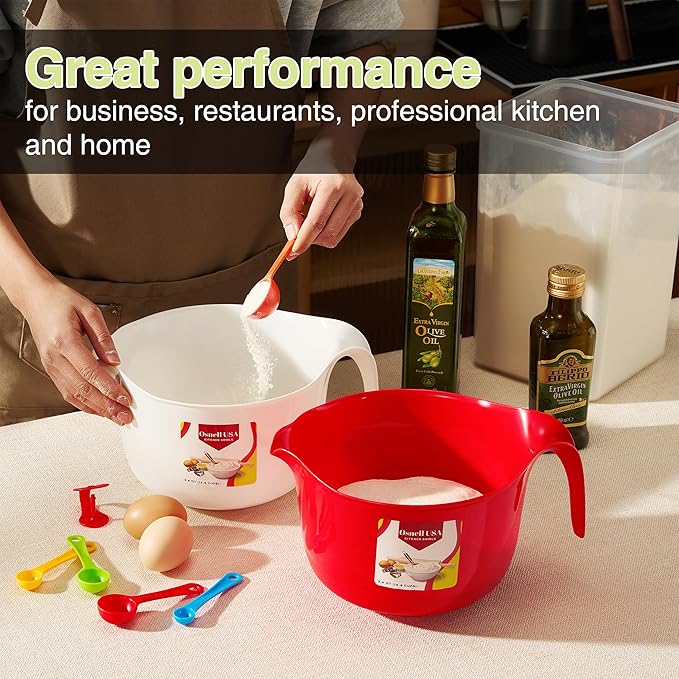 9 Pc Large Mixing Bowls with Handles, 3.6 qt - Plastic Nesting Bowls for Kitchen, Lightweight Batter Bowls, Easy to Clean (Includes: 4 Mixing Bowls + 5 Measuring Spoons Set)