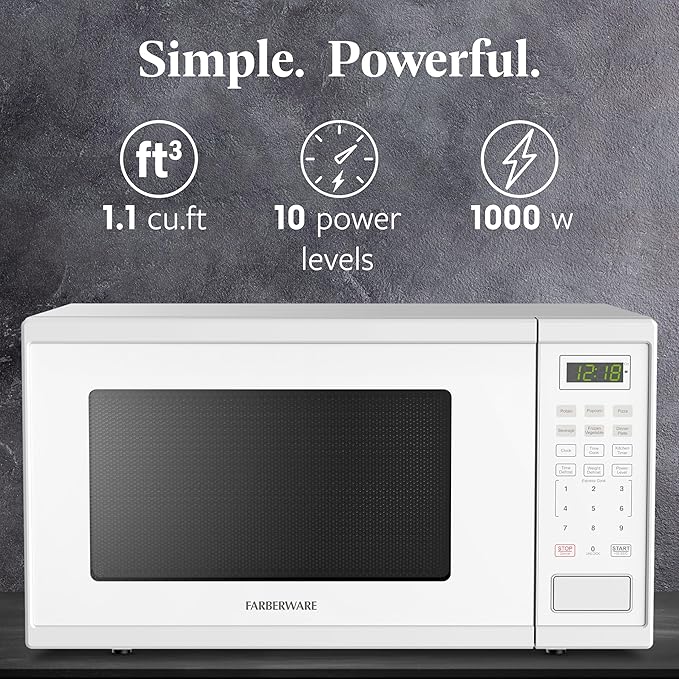 Farberware 1.1 Cu. Ft. Countertop Microwave Oven – 1000 Watts Power, Auto Cook Settings, Defrost, Easy Clean and Child Safety Lock - White