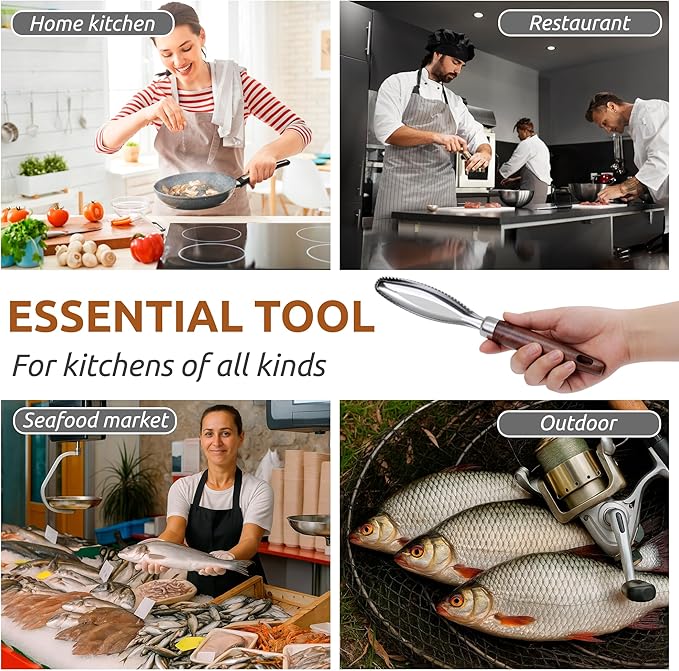 Dugato Fish Scale Remover Tool with Wooden Handle – Stainless Steel Fish Scaler Scraper for Quick & Easy Fish Cleaning – Rustproof Serrated Edge Seafood Descaling Tool for Kitchen & Outdoor Use