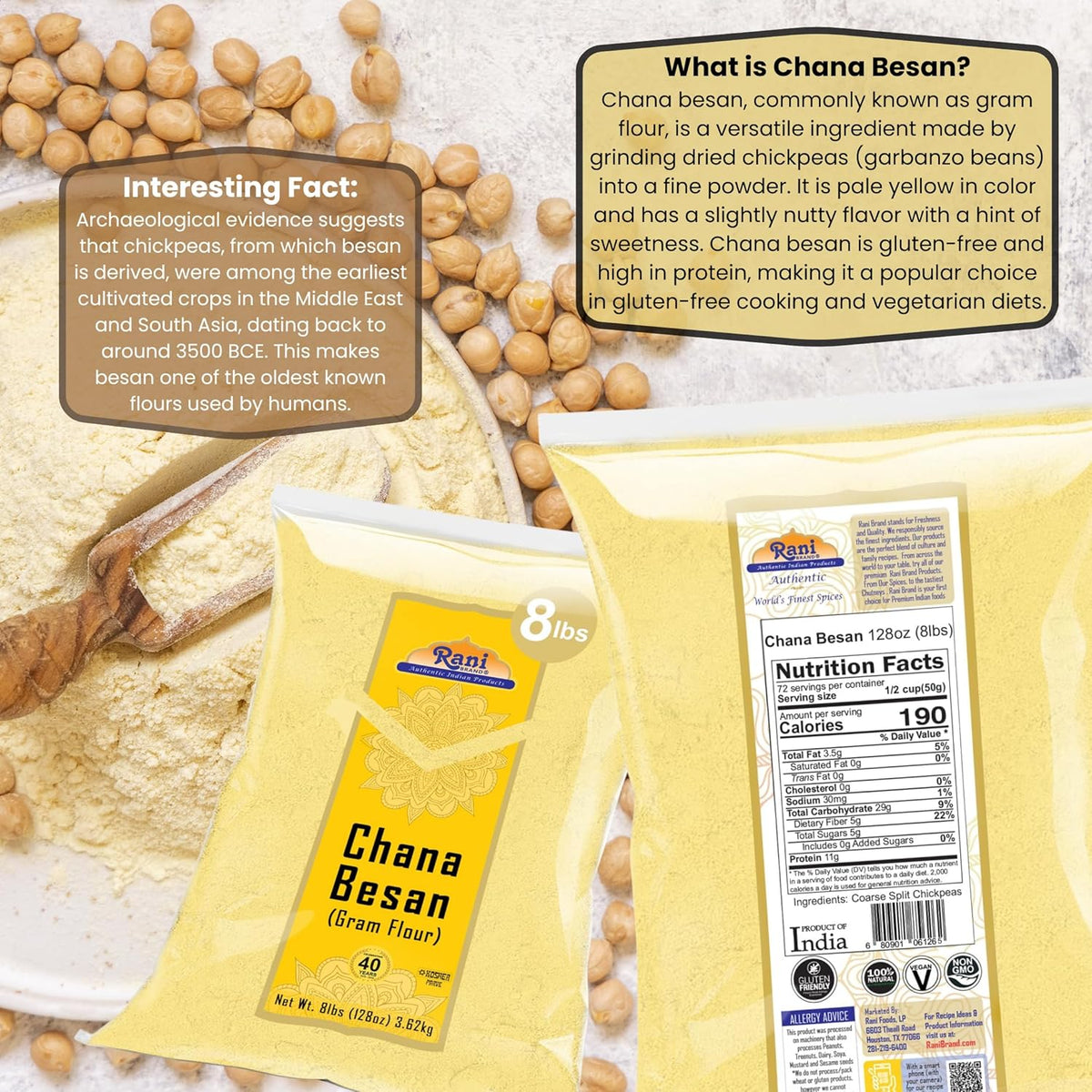 Rani Chana Besan (Chickpeas Flour, Gram) 128oz (8lbs) 3.63kg Bulk ~ All Natural | Vegan | Gluten Friendly | NON-GMO | Kosher | Indian Origin