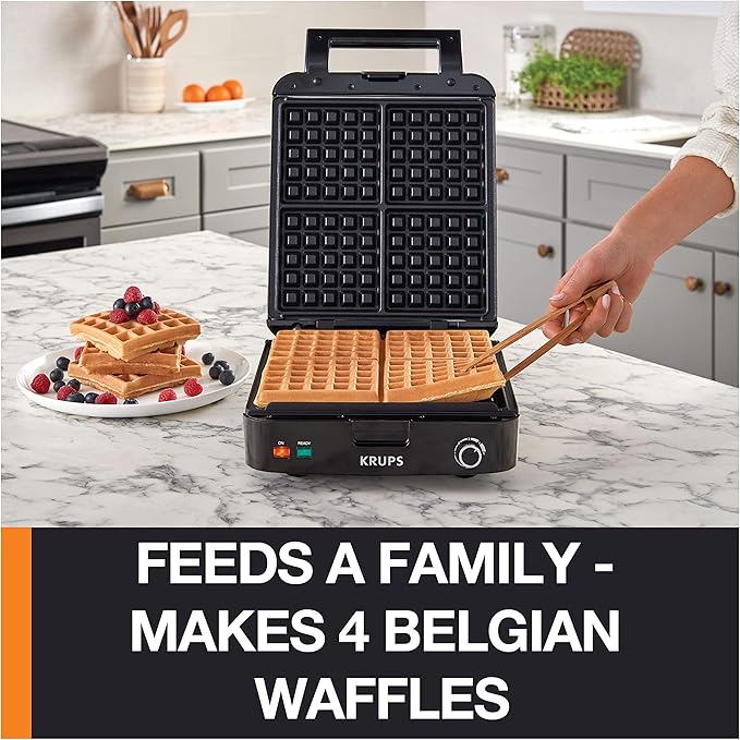 KRUPS 4-Slice Belgian Waffle Maker: Stainless Steel, 5 Browning Levels, Audible Ready Beep, Removable Plates, 1200W, Silver/Black, Large Waffle Maker Family Size, Great for Family Breakfasts