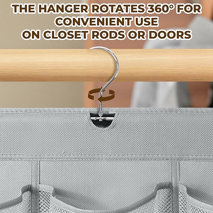 Hanging Shoe Organizer For Closet Rod with 30 Large Pockets Dual Sided 360 Rotating Hanger Space Saving Storage Bag Rack Shelves for Bedroom Laundry Room, Grey