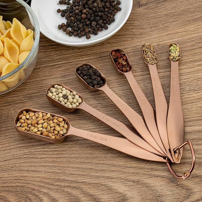 Accurate 18/8 Stainless Steel Measuring Spoons, Heavy Duty Good Handle Set of 6 Measuring Spoon with Ring Connector, Rose Gold