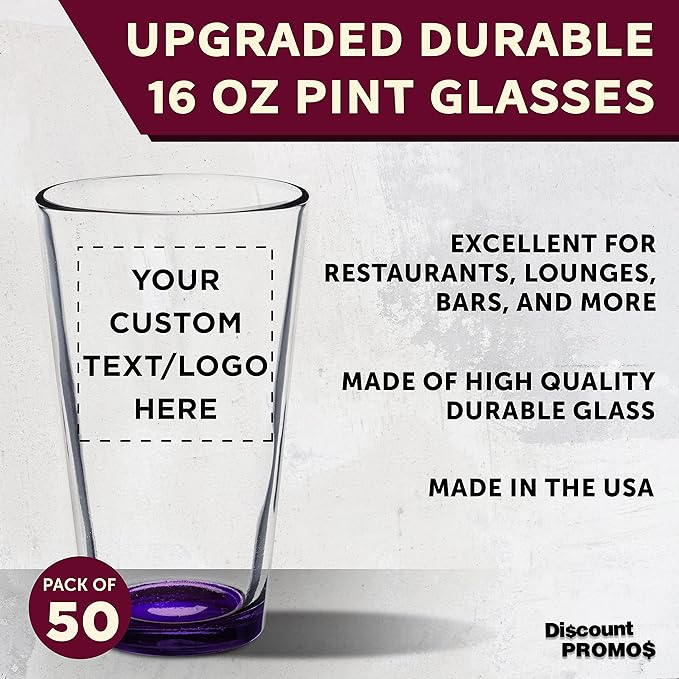 Custom Arc Pint Glass 16 oz. Set of 50, Personalized Bulk Pack - Beer Glasses, Heavy Duty Drinkware - Purple