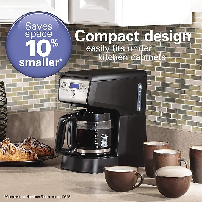Hamiton Beach 12 Cup Compact Programmable Drip Coffee Maker with No-Drip Burosilicate Glass Carafe, 2-Hour Auto Shutoff, Space-Saving Design, Black with Stainless Steel Accents (46200)