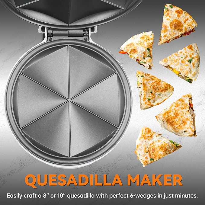 Baker's Friend Electric Quesadilla Maker with Extra Stuffing Design, 9.5 Inch with Easy Slice 6 Wedge, Non Stick Surface, Non-Slip Feet, Grilled Cheese Maker Machine, White